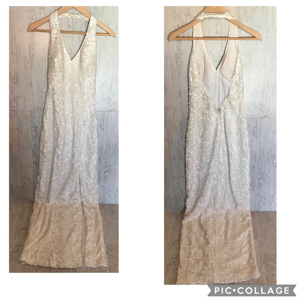 Masquerade sequin v neck halter back zipper slit